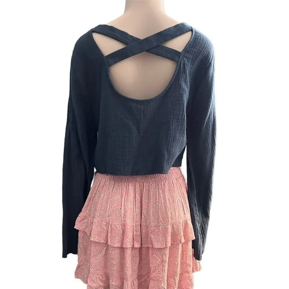 Hudson Gray Steel Blue 100% Cotton Raw Edge Long Bell Sleeve Top Size Large